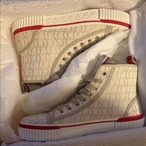 Christian Louboutin Beige and Red High-Top Athletic Sneakers